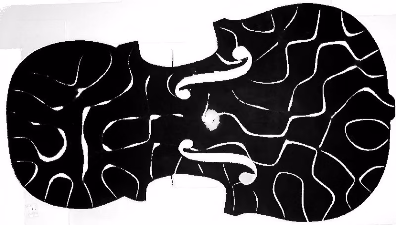 A violin-shaped aluminum Chladni plate showing a Chladni pattern.